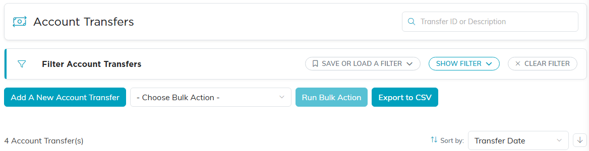 The Account Transfers list controls: search, filter panel, add, bulk actions, export and sort