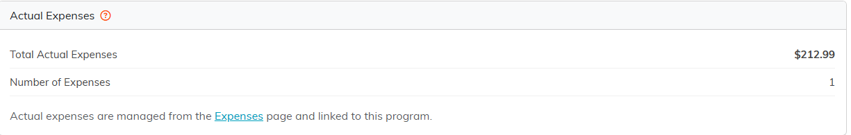 The program Actual Expenses page showing Total Actual Expenses and Number of Expenses, with a link to the Expenses page