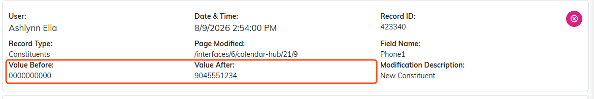 A Modification Log row with the value before and value after outlined