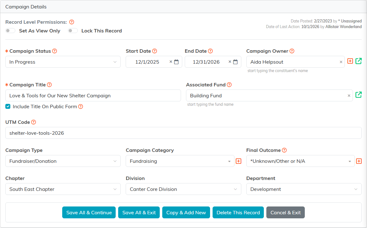 The Campaign Details form showing status, dates, owner, title, fund, UTM code, type, category, outcome, chapter, division and department