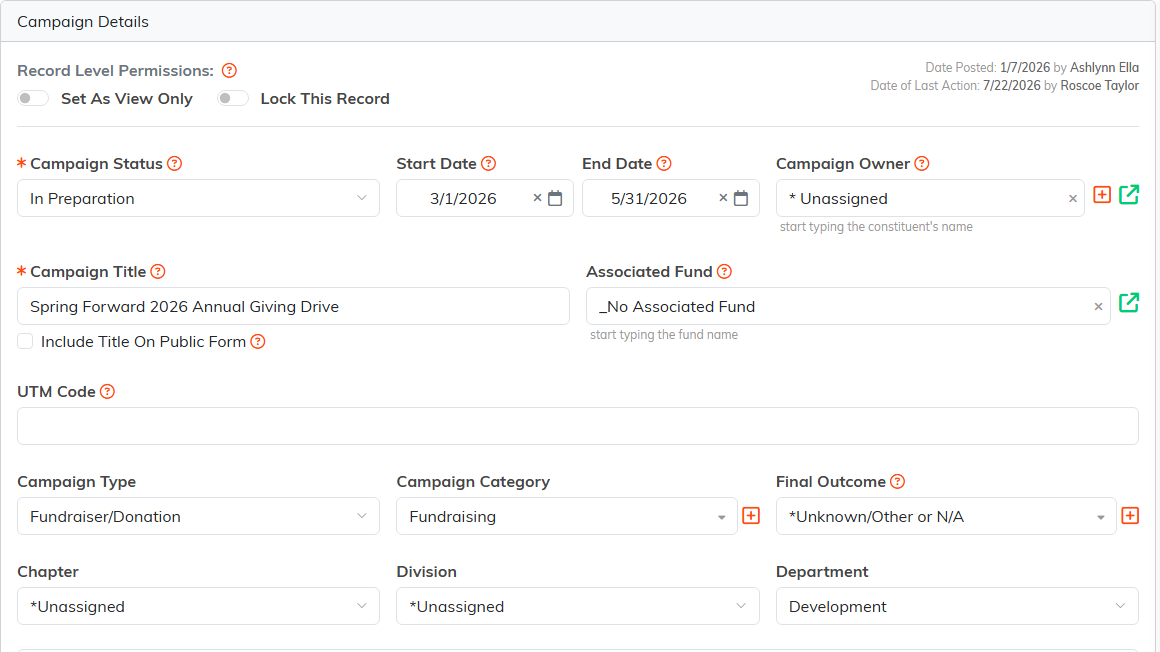 The Campaign Details form with status, dates, owner, title, fund, UTM code, type, category, outcome, chapter, division and department