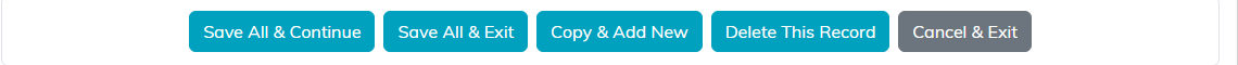 The button row: Save All and Continue, Save All and Exit, Copy and Add New, Delete This Record, Cancel and Exit