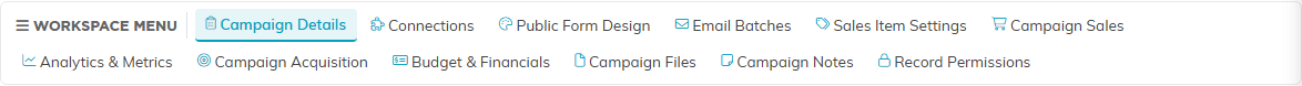 The Campaign Workspace menu listing every tab from Campaign Details through Record Permissions