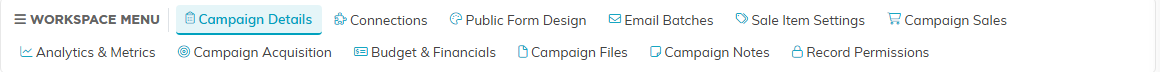 The Campaign Workspace menu listing every tab from Campaign Details through Record Permissions