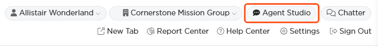 The top of an Argenta page with the Agent Studio button marked, beside the Chatter button.