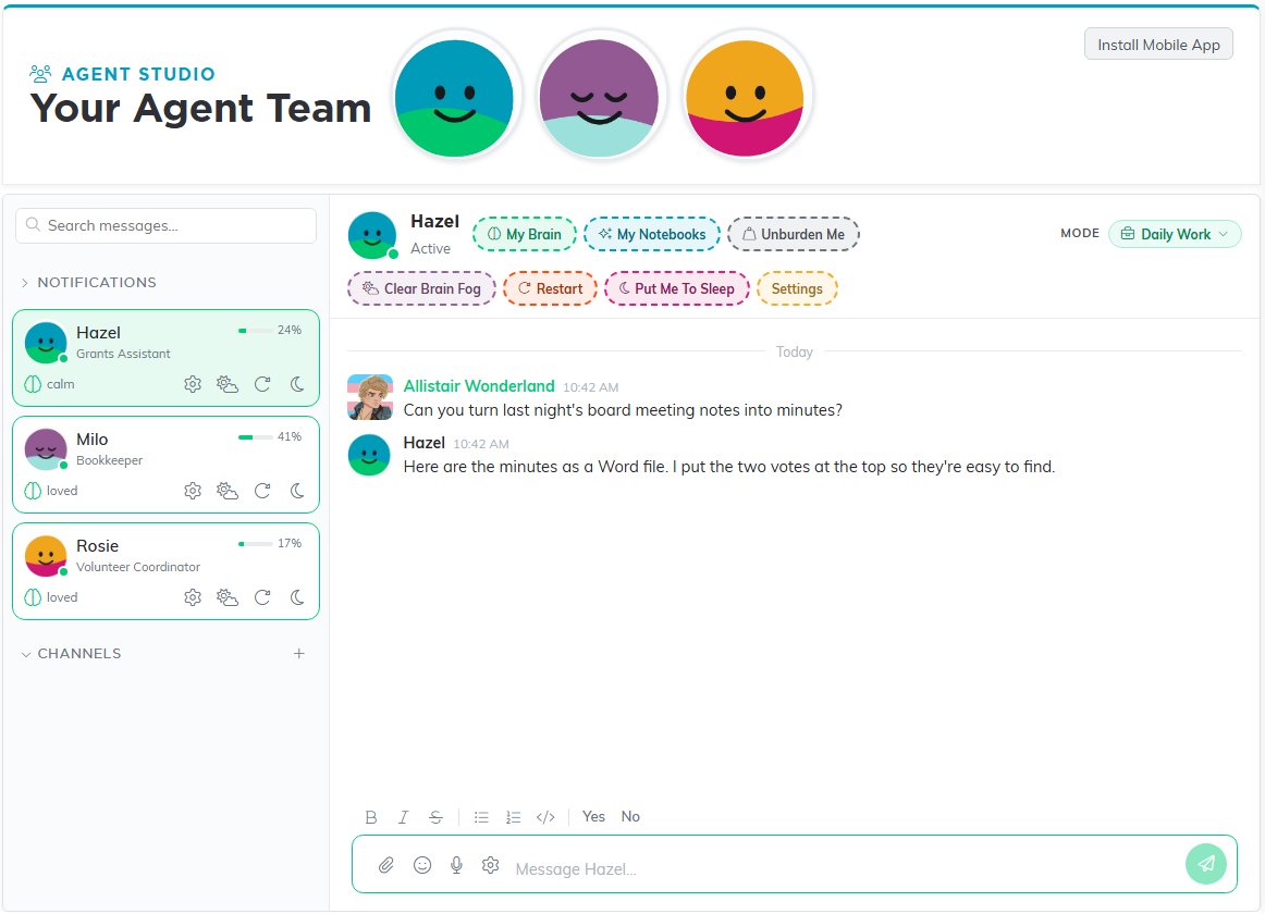 Agent Studio for a team of three agents, with their cards on the left and the conversation with Hazel open on the right.