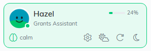 Hazel's agent card, showing her title, a memory bar at 24%, the feeling calm, and her settings, clear brain fog, restart and sleep icons.