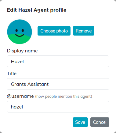 The Edit Hazel Agent profile window with Choose photo, Display name, Title and @username.