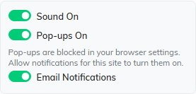 The Notifications panel with Sound On, Pop-ups On and Email Notifications, and a note that pop-ups are blocked in the browser settings.