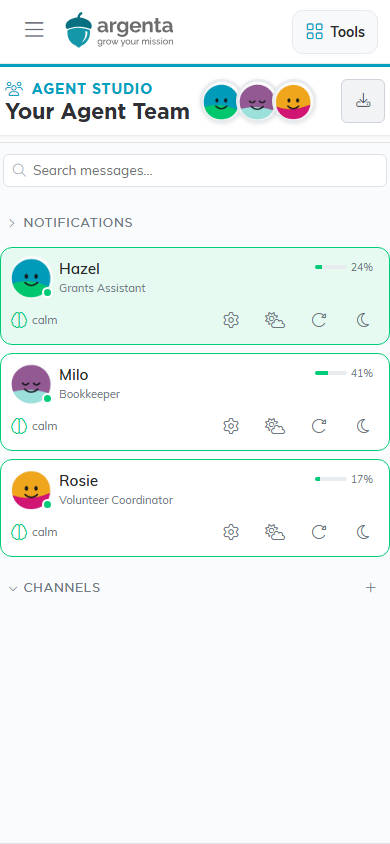 Agent Studio on a phone, open on the list with Hazel, Milo and Rosie and Channels.