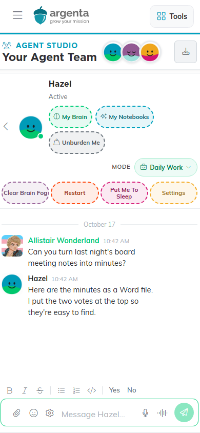 Hazel's conversation on a phone, with the back arrow beside her picture, her controls, Mode and the message box.