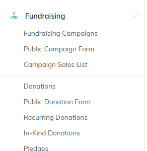 The Fundraising menu expanded with Auctions highlighted