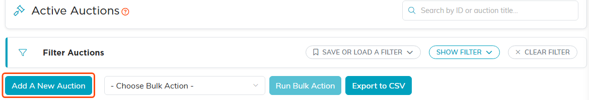 The auction list header with the search box, filter bar, Add A New Auction button and Export to CSV button