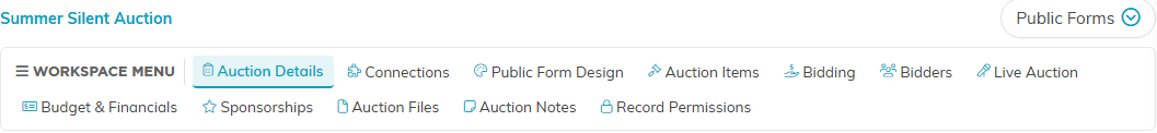 The Auction Workspace menu with the Auction Items tab in it
