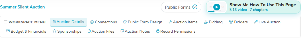 The Auction Workspace menu listing all its tabs, with the Show Me How To Use This Page video at the top right