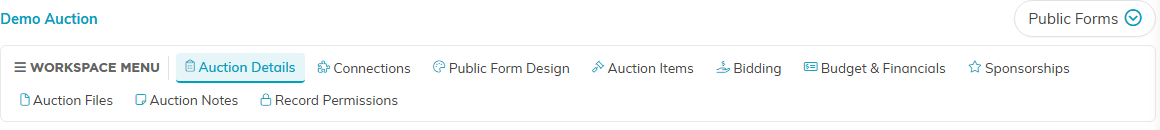 The Auction Workspace menu with the Auction Items tab in it