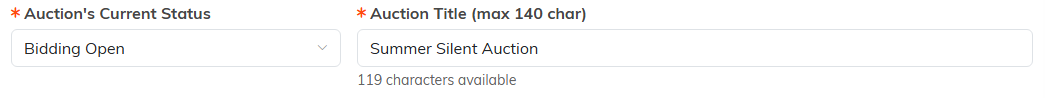 The Auction's Current Status dropdown and the Auction Title field