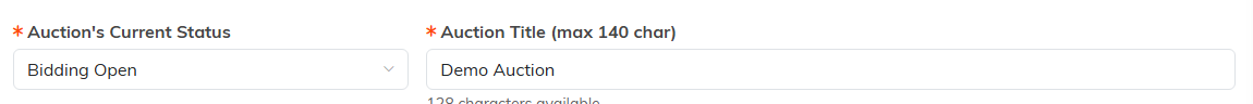 The Auction's Current Status dropdown and the Auction Title field