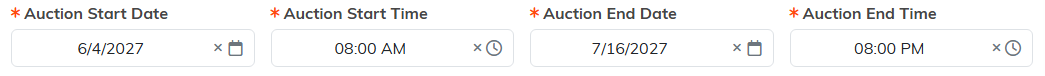 The auction start date, start time, end date and end time fields