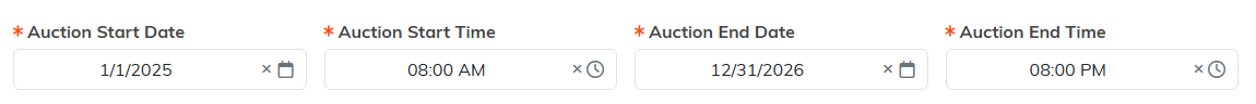 The auction start date, start time, end date and end time fields