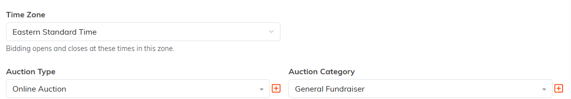 The time zone, auction type and auction category fields