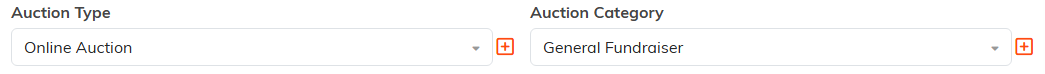 The Auction Type and Auction Category fields, each with an orange add button