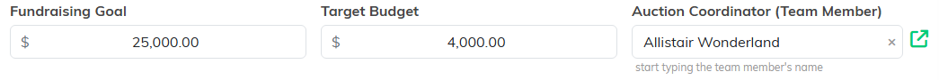 The Fundraising Goal and Target Budget fields on the Auction Details tab