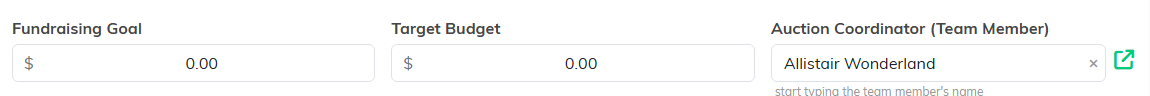The Fundraising Goal and Target Budget fields on the Auction Details tab