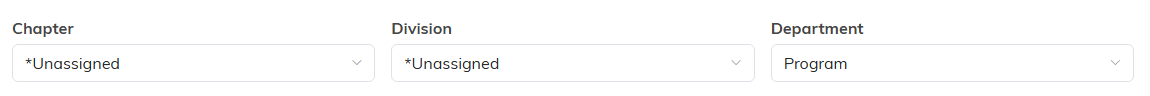 The chapter, division and department dropdowns