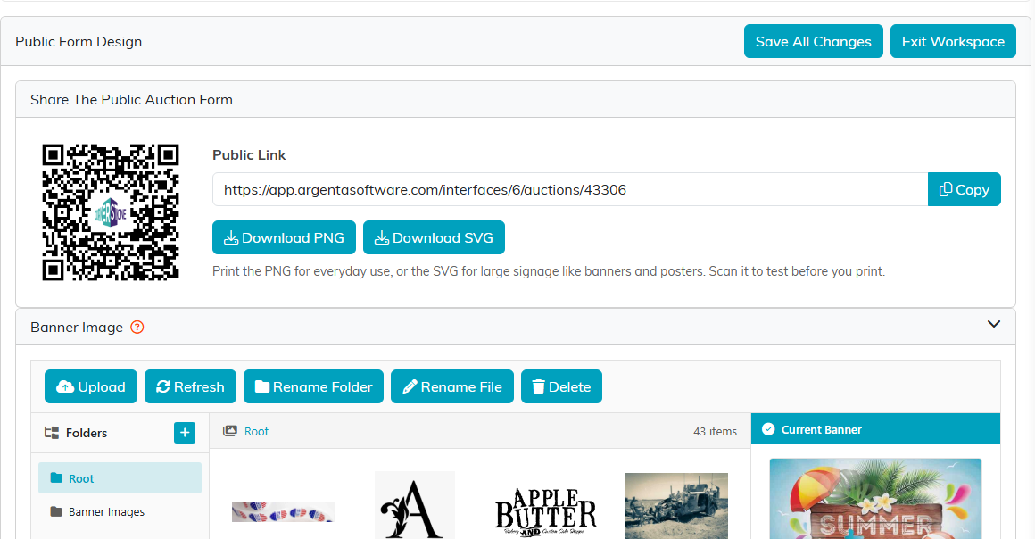 The Public Form Design tab with the QR code, public link and banner image tools