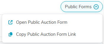 The Public Forms menu open, showing Open Public Auction Form and Copy Public Auction Form Link