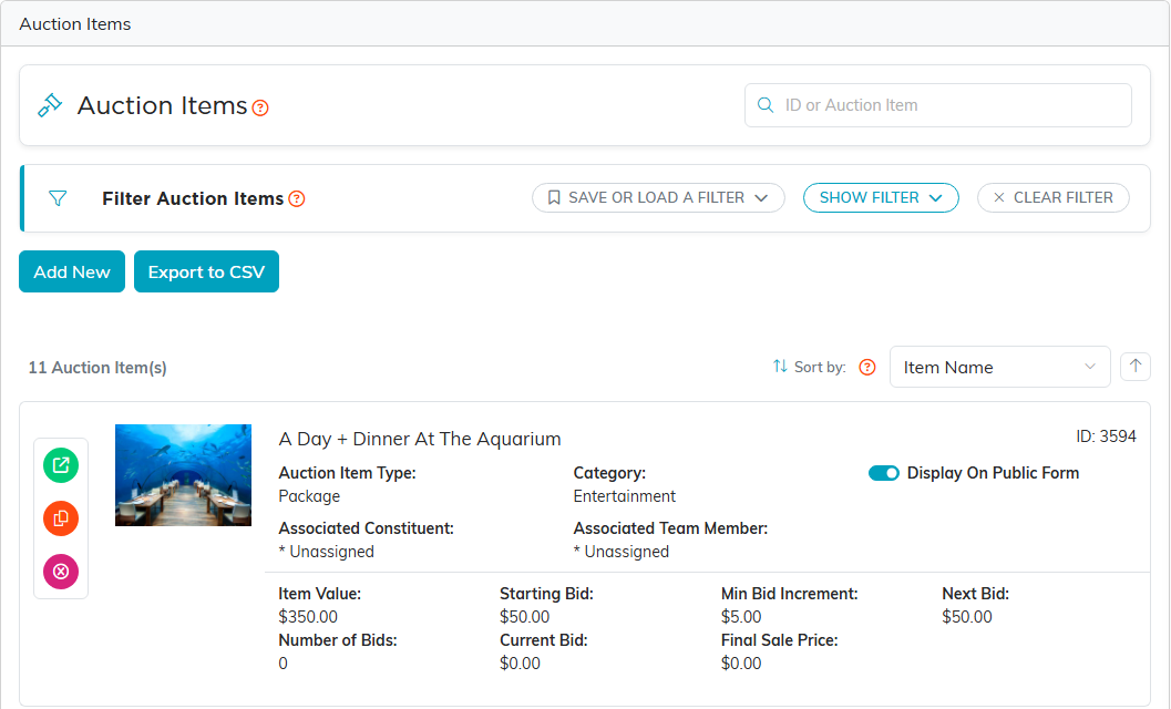 The Auction Items tab showing the Add New button and an item already on the list