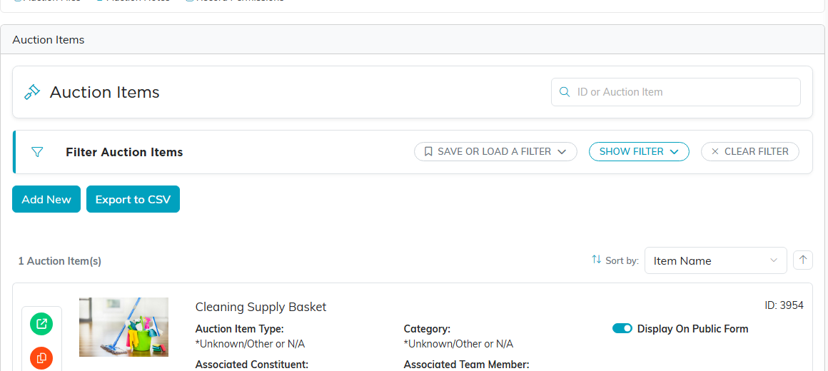 The Auction Items tab with the Add New button and an item on the list