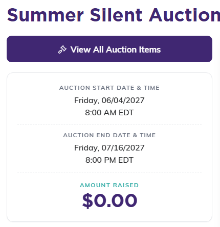 The public auction page with the View All Auction Items button above the auction start and end dates and times