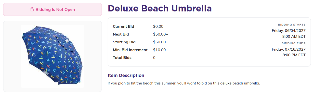 A public auction item page showing Bidding Is Not Open, with bidding starting Friday, June 4, 2027 at 8:00 AM EDT