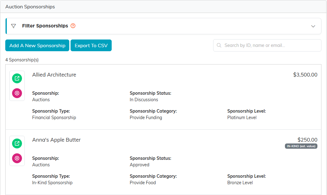 The Auction Sponsorships tab listing sponsors and their amounts