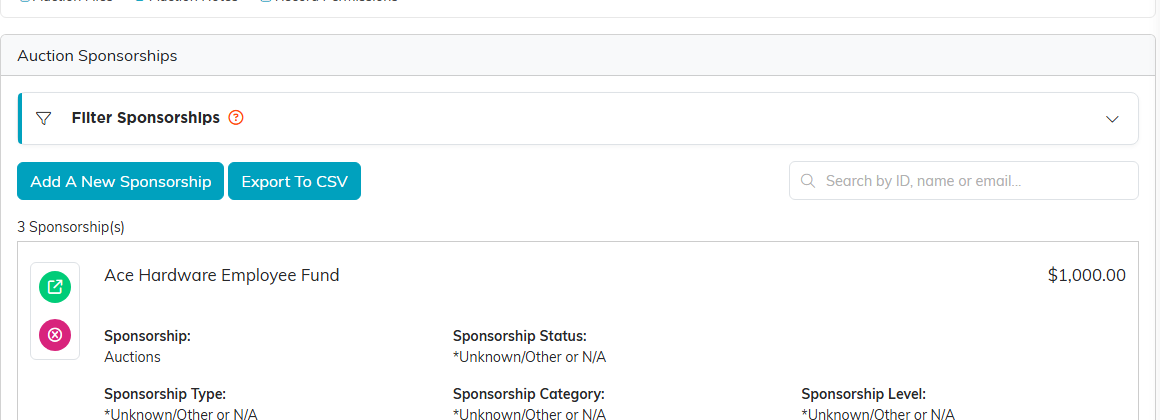 The Auction Sponsorships tab listing sponsors and their amounts