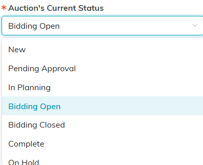 The Auction's Current Status dropdown open with Complete in the list