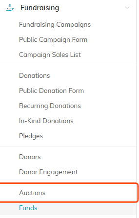 The Fundraising menu in the left sidebar with Auctions highlighted