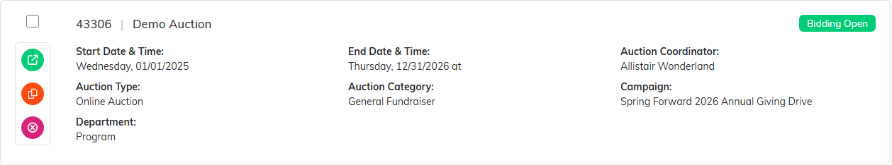 A single auction row showing its ID, title, status, dates, type, category and coordinator