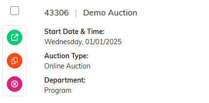 The three round action icons on an auction row: green open, orange copy and pink delete