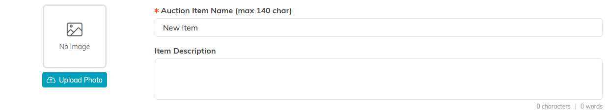 The Upload Photo button, Auction Item Name field and Item Description box on a new item
