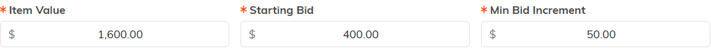 The Item Value, Starting Bid and Min Bid Increment fields