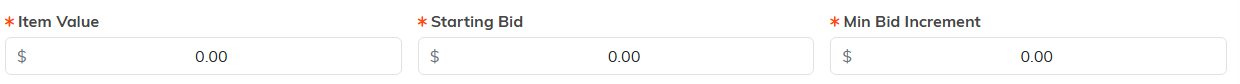 The Item Value, Starting Bid and Min Bid Increment fields