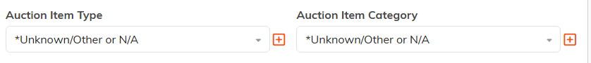 The Auction Item Type and Auction Item Category dropdowns