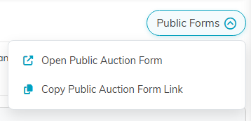 The Public Forms dropdown open, showing Open Public Auction Form