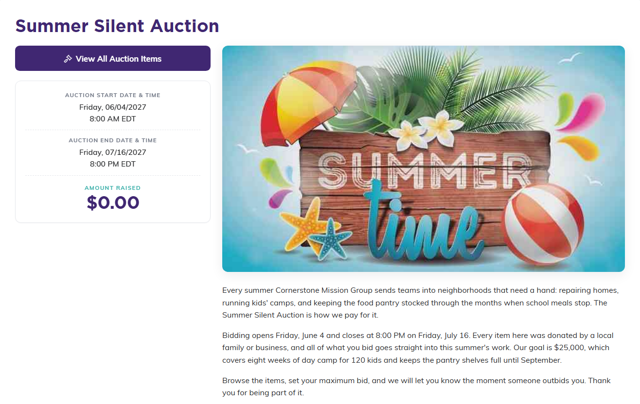 The finished public auction form with its banner image and description