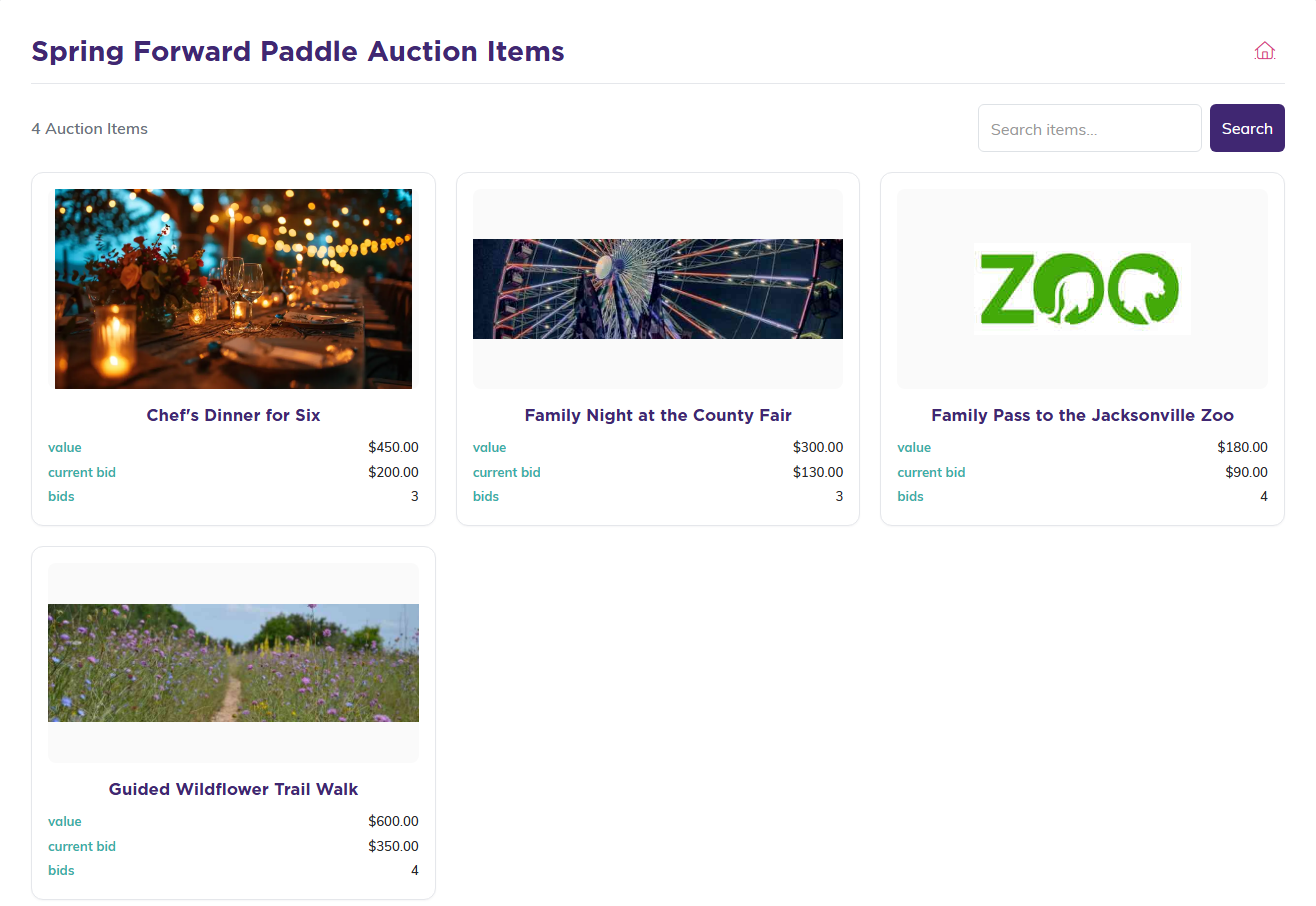 The public auction items page a supporter bids from