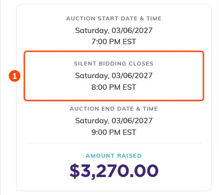 The dates box on the public auction page, with Silent Bidding Closes between the auction start and end times