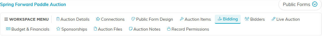 The auction workspace menu with the Bidding tab selected